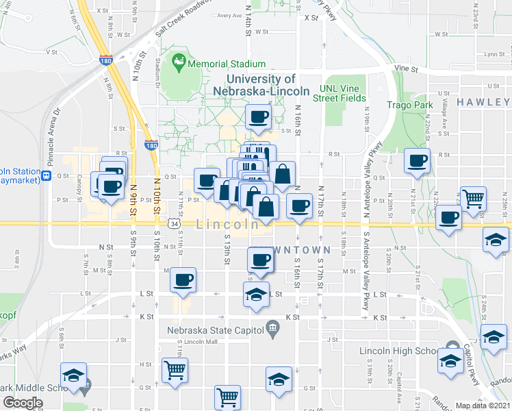 map of restaurants, bars, coffee shops, grocery stores, and more near 1420 P Street in Lincoln