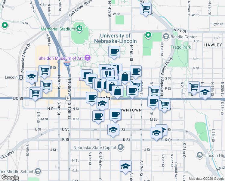 map of restaurants, bars, coffee shops, grocery stores, and more near in Lincoln