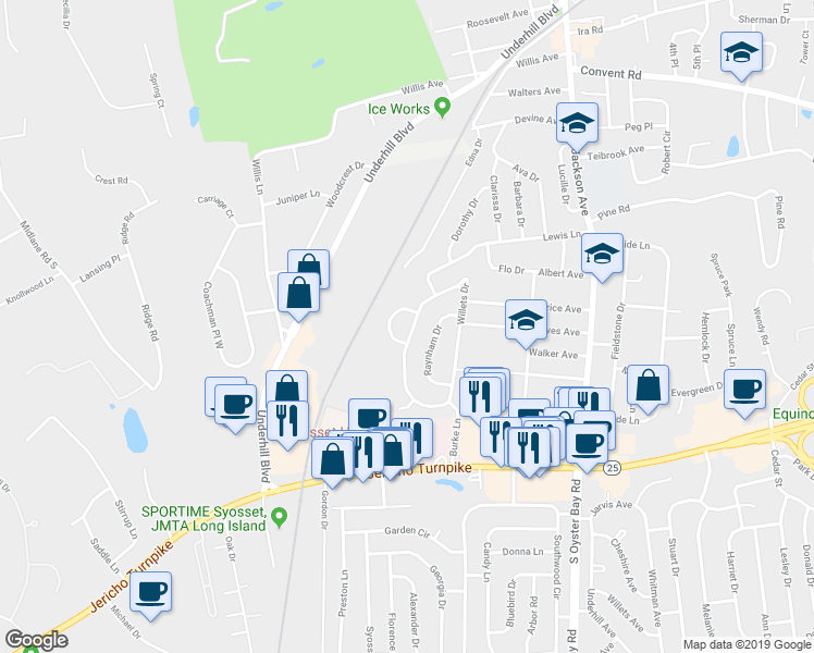 map of restaurants, bars, coffee shops, grocery stores, and more near 68 Willets Drive in Syosset