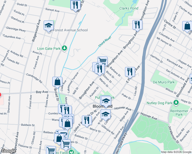 map of restaurants, bars, coffee shops, grocery stores, and more near 128 Broughton Avenue in Bloomfield