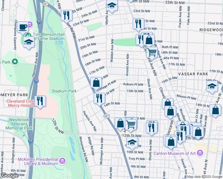 map of restaurants, bars, coffee shops, grocery stores, and more near 1253 15th Street Northwest in Canton