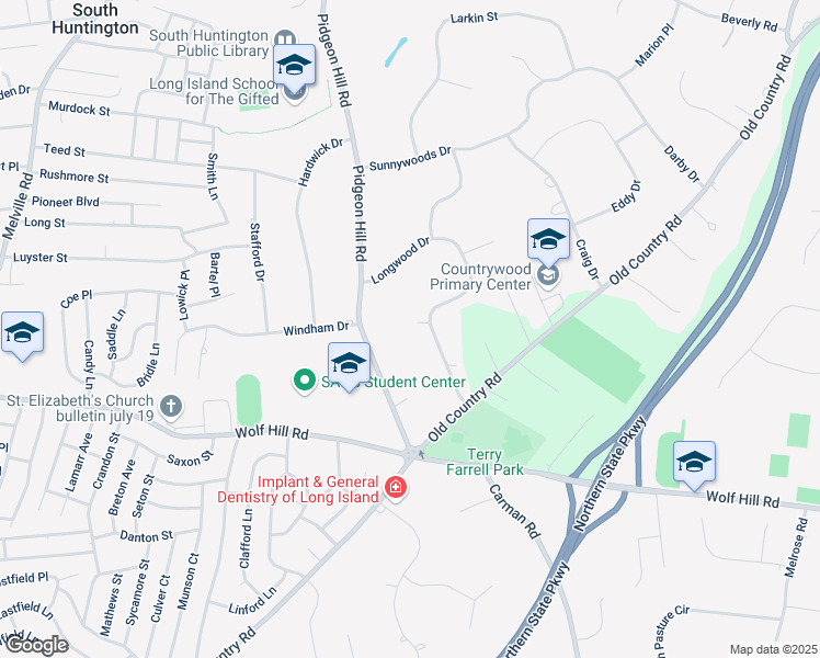 map of restaurants, bars, coffee shops, grocery stores, and more near 17 Longwood Drive in Huntington Station