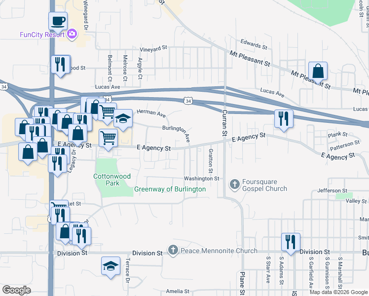 map of restaurants, bars, coffee shops, grocery stores, and more near 2198 East Agency Street in Burlington