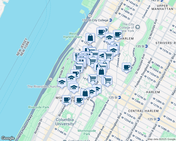 map of restaurants, bars, coffee shops, grocery stores, and more near 3170 Broadway in New York