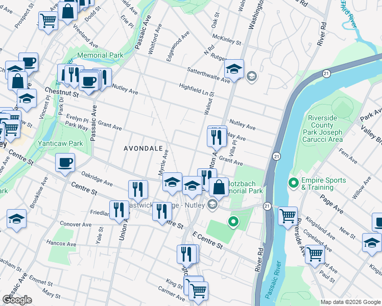 map of restaurants, bars, coffee shops, grocery stores, and more near 156 Grant Avenue in Nutley