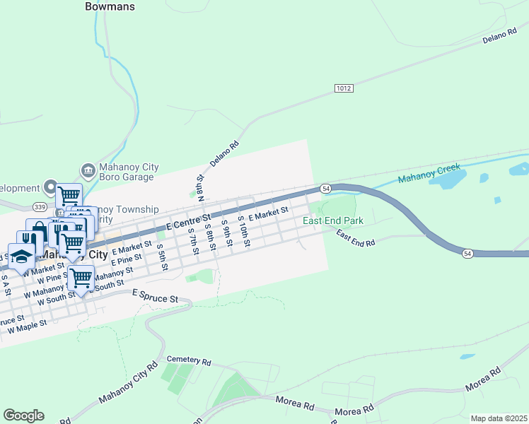 map of restaurants, bars, coffee shops, grocery stores, and more near 1117 East Market Street in Mahanoy City