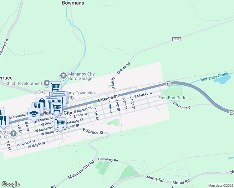 map of restaurants, bars, coffee shops, grocery stores, and more near 809 East Centre Street in Mahanoy City