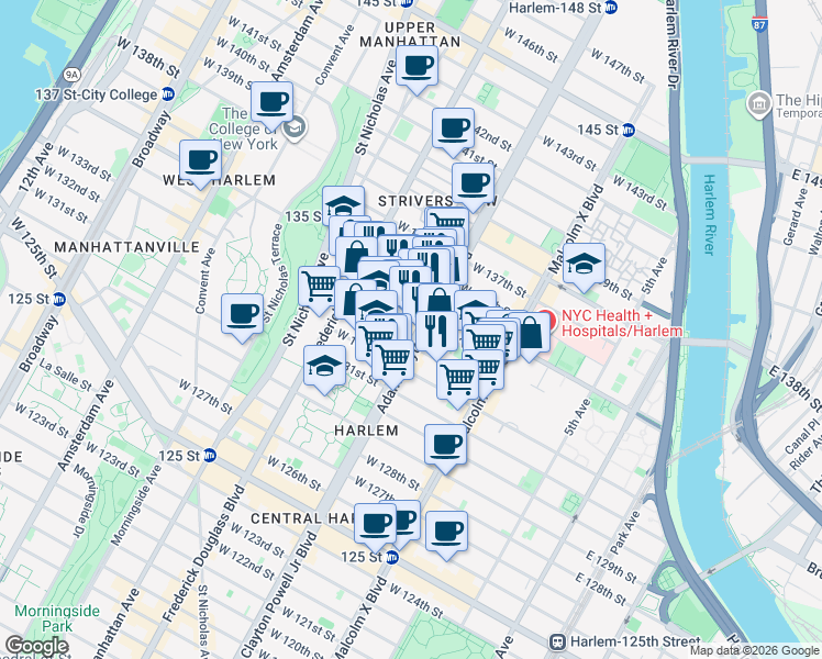 map of restaurants, bars, coffee shops, grocery stores, and more near 188 West 135th Street in New York