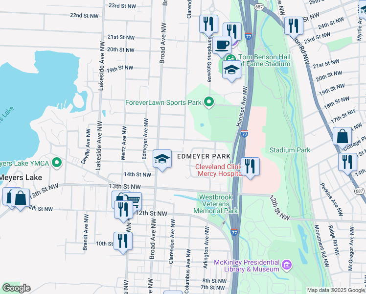 map of restaurants, bars, coffee shops, grocery stores, and more near 1508 Clarendon Avenue Northwest in Canton