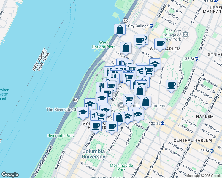 map of restaurants, bars, coffee shops, grocery stores, and more near 189 Claremont Avenue in New York
