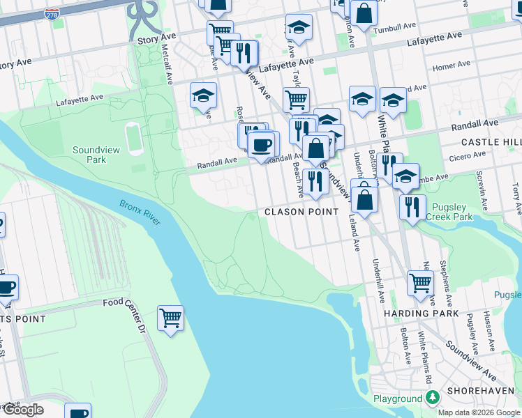 map of restaurants, bars, coffee shops, grocery stores, and more near 513 Commonwealth Avenue in The Bronx