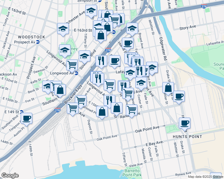 map of restaurants, bars, coffee shops, grocery stores, and more near 707 Barretto Street in The Bronx