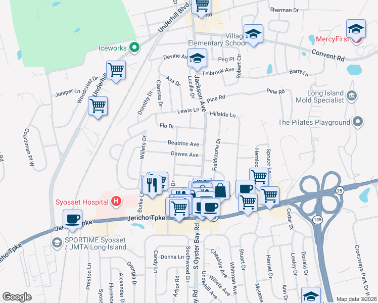 map of restaurants, bars, coffee shops, grocery stores, and more near 12 Dawes Avenue in Syosset