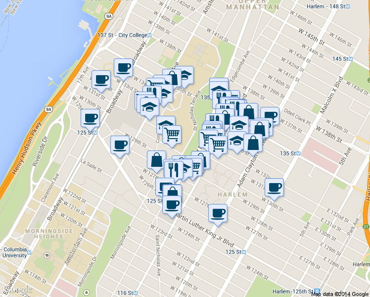 map of restaurants, bars, coffee shops, grocery stores, and more near St Nicholas Terrace in New York