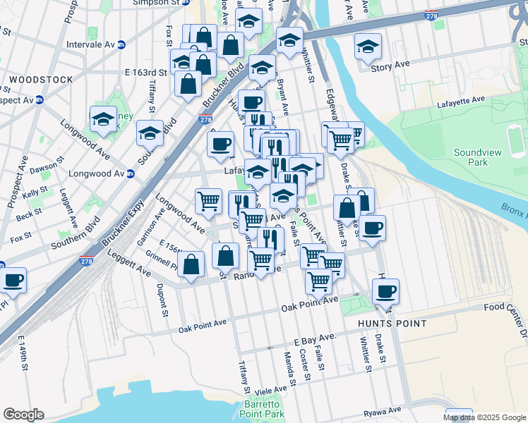 map of restaurants, bars, coffee shops, grocery stores, and more near 700 Manida Street in The Bronx