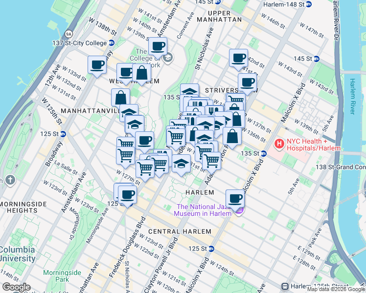 map of restaurants, bars, coffee shops, grocery stores, and more near West 132nd Street in New York