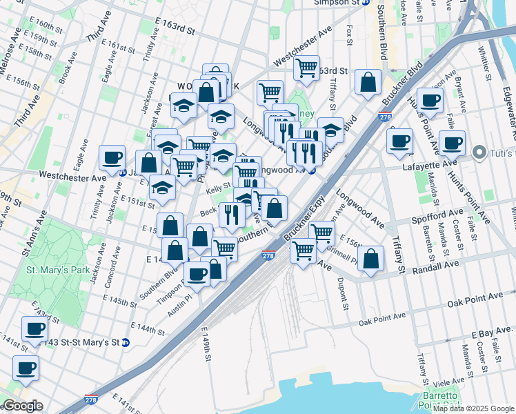 map of restaurants, bars, coffee shops, grocery stores, and more near 715 Fox Street in The Bronx