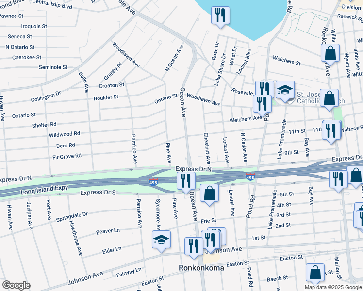 map of restaurants, bars, coffee shops, grocery stores, and more near 435 Michigan Street in Ronkonkoma