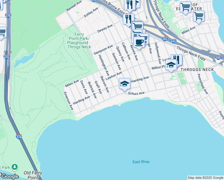 map of restaurants, bars, coffee shops, grocery stores, and more near 224 Huntington Avenue in Bronx