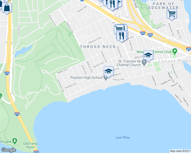 map of restaurants, bars, coffee shops, grocery stores, and more near 224 Huntington Avenue in Bronx