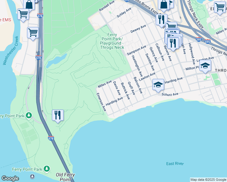 map of restaurants, bars, coffee shops, grocery stores, and more near 261 Davis Avenue in Bronx