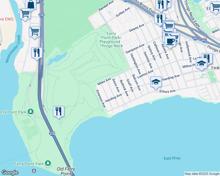map of restaurants, bars, coffee shops, grocery stores, and more near 261 Davis Avenue in Bronx