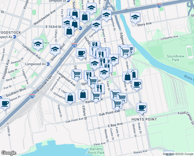 map of restaurants, bars, coffee shops, grocery stores, and more near in The Bronx