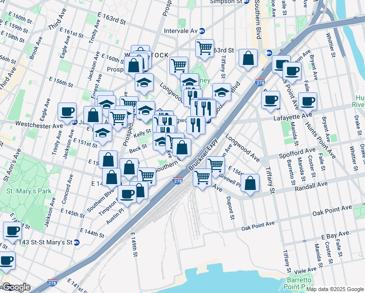 map of restaurants, bars, coffee shops, grocery stores, and more near 737 Fox Street in Bronx