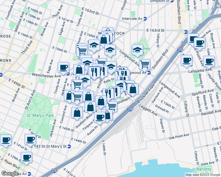map of restaurants, bars, coffee shops, grocery stores, and more near 947 Avenue Saint John in Bronx