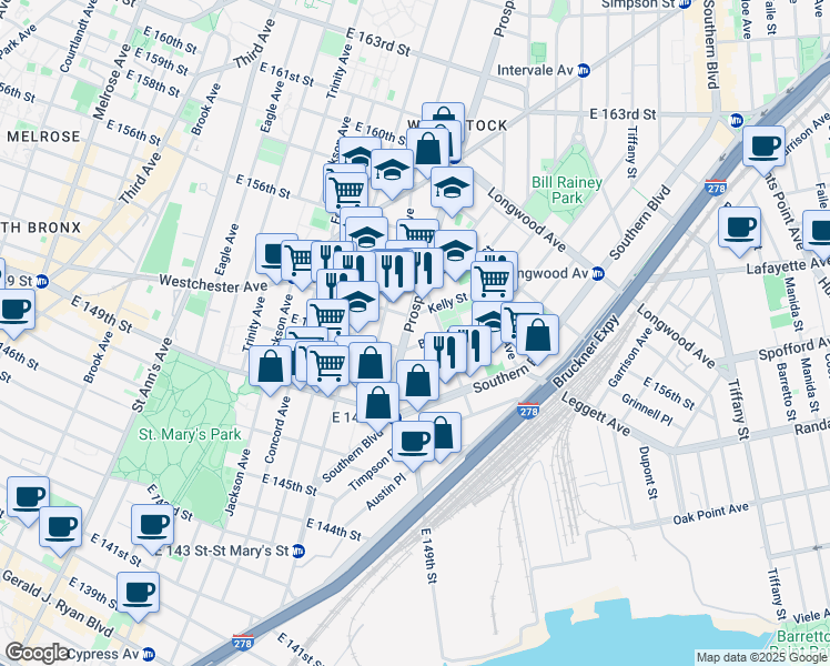 map of restaurants, bars, coffee shops, grocery stores, and more near 835b East 152nd Street in The Bronx