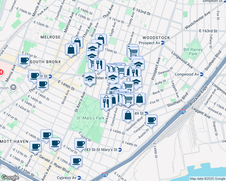 map of restaurants, bars, coffee shops, grocery stores, and more near 595 Trinity Avenue in The Bronx