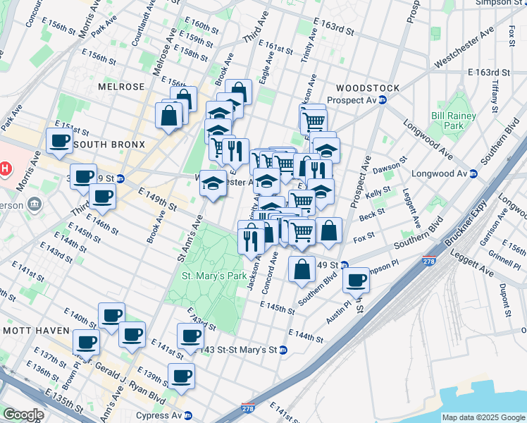 map of restaurants, bars, coffee shops, grocery stores, and more near 595 Trinity Avenue in The Bronx
