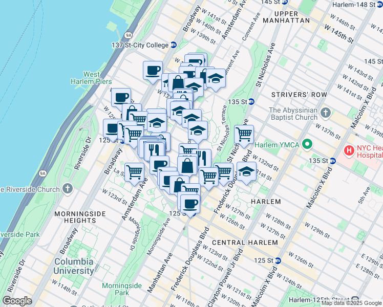 map of restaurants, bars, coffee shops, grocery stores, and more near 50 Convent Avenue in New York
