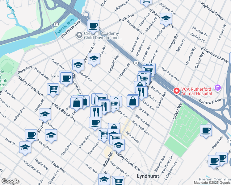 map of restaurants, bars, coffee shops, grocery stores, and more near 447 3rd Avenue in Lyndhurst