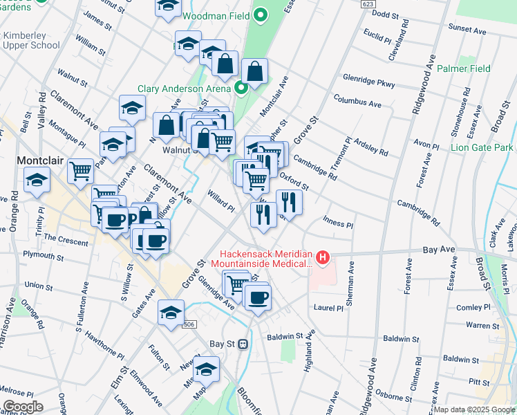 map of restaurants, bars, coffee shops, grocery stores, and more near 114 Grove Street in Montclair