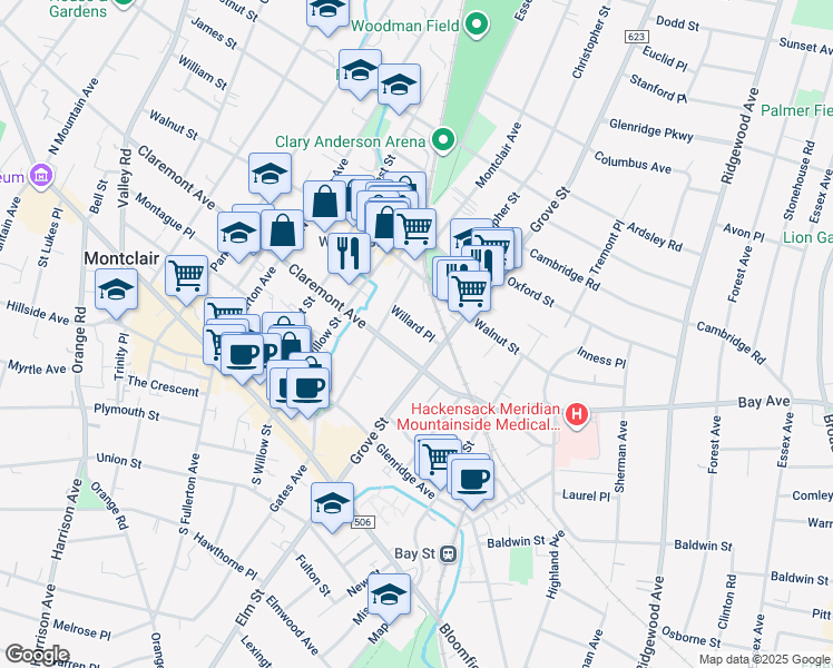 map of restaurants, bars, coffee shops, grocery stores, and more near 9 Willard Place in Montclair
