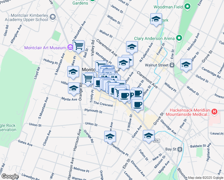 map of restaurants, bars, coffee shops, grocery stores, and more near 513 Bloomfield Avenue in Montclair