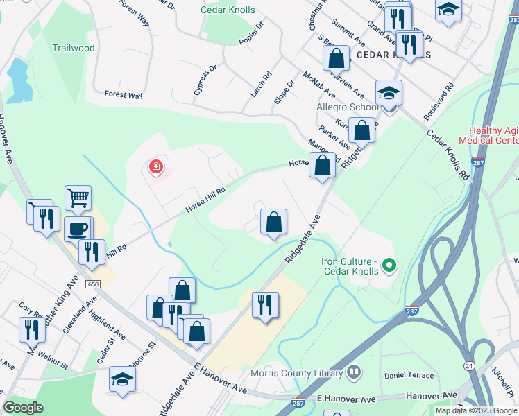 map of restaurants, bars, coffee shops, grocery stores, and more near 227 Vista Drive in Hanover