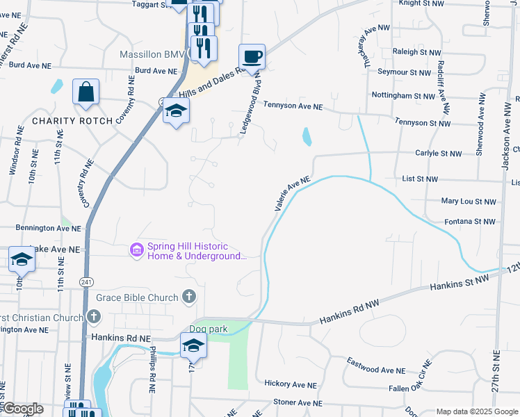map of restaurants, bars, coffee shops, grocery stores, and more near 1407 Valerie Avenue Northeast in Massillon