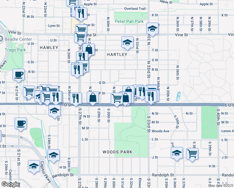 map of restaurants, bars, coffee shops, grocery stores, and more near 217 North 31st Street in Lincoln