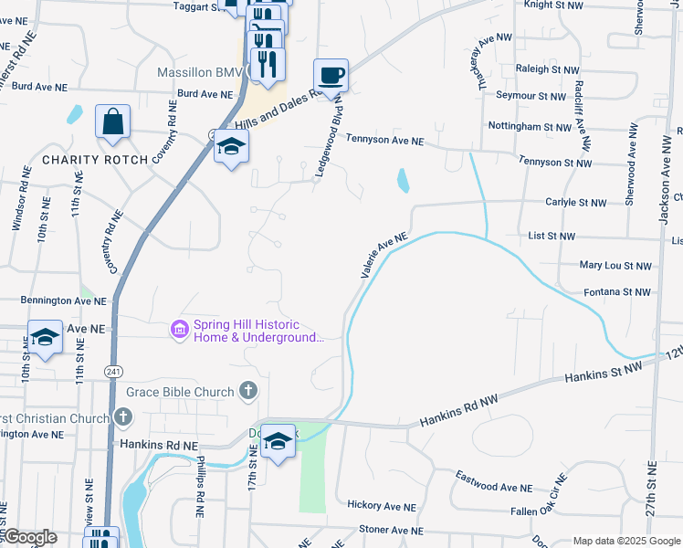 map of restaurants, bars, coffee shops, grocery stores, and more near 1407 Valerie Avenue Northeast in Massillon