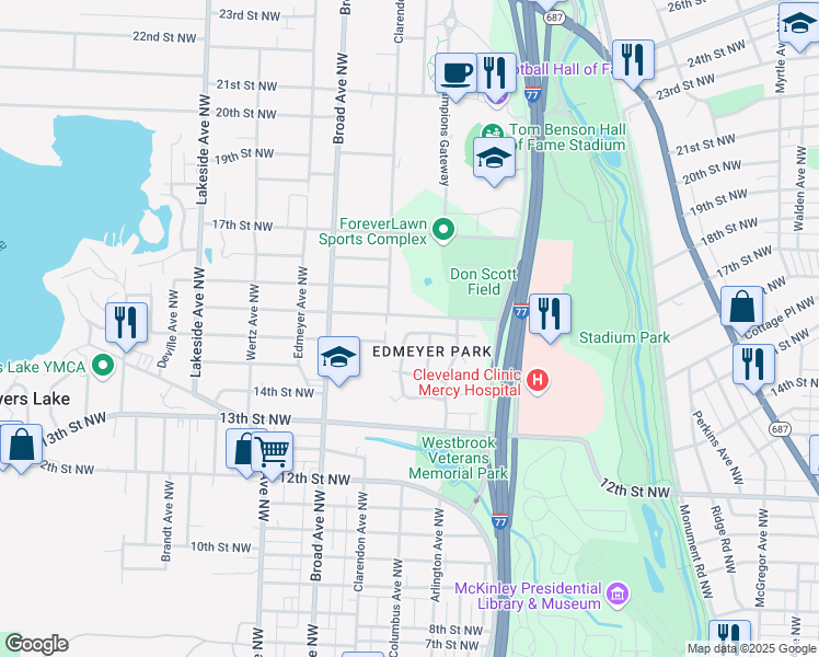 map of restaurants, bars, coffee shops, grocery stores, and more near 1473 West Valentine Circle Northwest in Canton