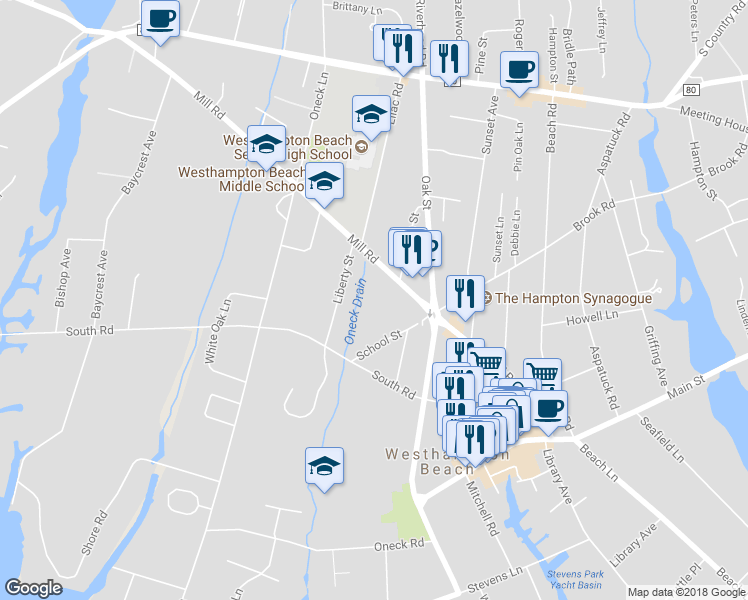 map of restaurants, bars, coffee shops, grocery stores, and more near 257 Mill Road in Westhampton Beach