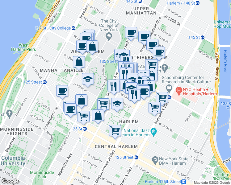 map of restaurants, bars, coffee shops, grocery stores, and more near 446 Saint Nicholas Avenue in New York