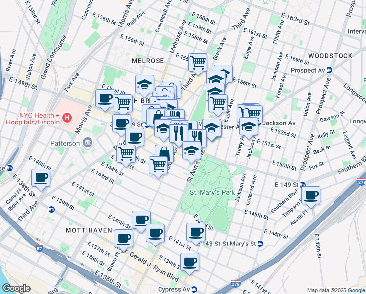 map of restaurants, bars, coffee shops, grocery stores, and more near 501 East 149th Street in Bronx
