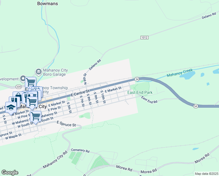 map of restaurants, bars, coffee shops, grocery stores, and more near 1104 East Centre Street in Mahanoy City