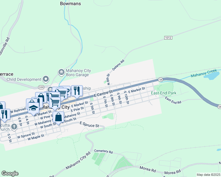 map of restaurants, bars, coffee shops, grocery stores, and more near 818 East Railroad Street in Mahanoy City