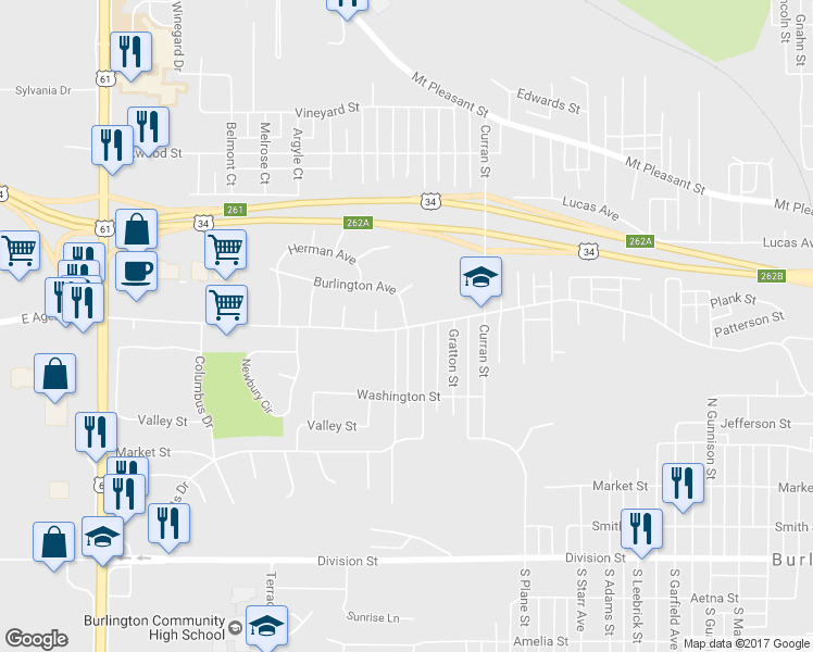 map of restaurants, bars, coffee shops, grocery stores, and more near 1200 Burlington Avenue in Burlington