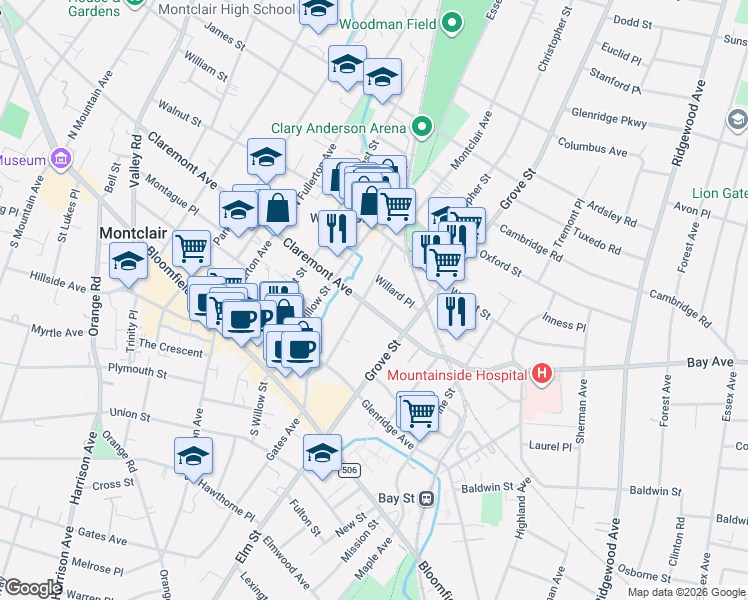 map of restaurants, bars, coffee shops, grocery stores, and more near 85 Greenwood Avenue in Montclair