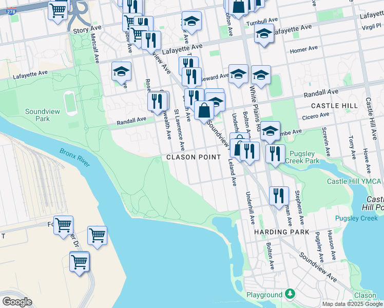 map of restaurants, bars, coffee shops, grocery stores, and more near 1792 Lacombe Avenue in Bronx